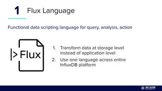 Flux Language
Functional data scripting language for query, analysis, action
1. Transform data at storage level
instead of application level
2. Use one language across entire
InﬂuxDB platform
1
 