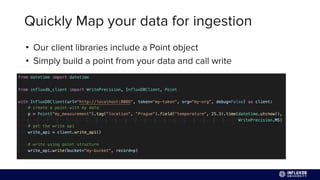 Quickly Map your data for ingestion
• Our client libraries include a Point object
• Simply build a point from your data and call write
 