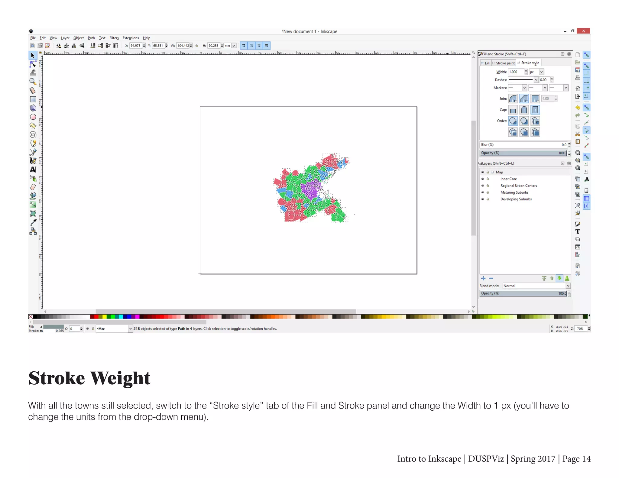 Intro to Inkscape | DUSPViz | Spring 2017 | Page 14
Stroke Weight
With all the towns still selected, switch to the “Stroke style” tab of the Fill and Stroke panel and change the Width to 1 px (you’ll have to
change the units from the drop-down menu).
 