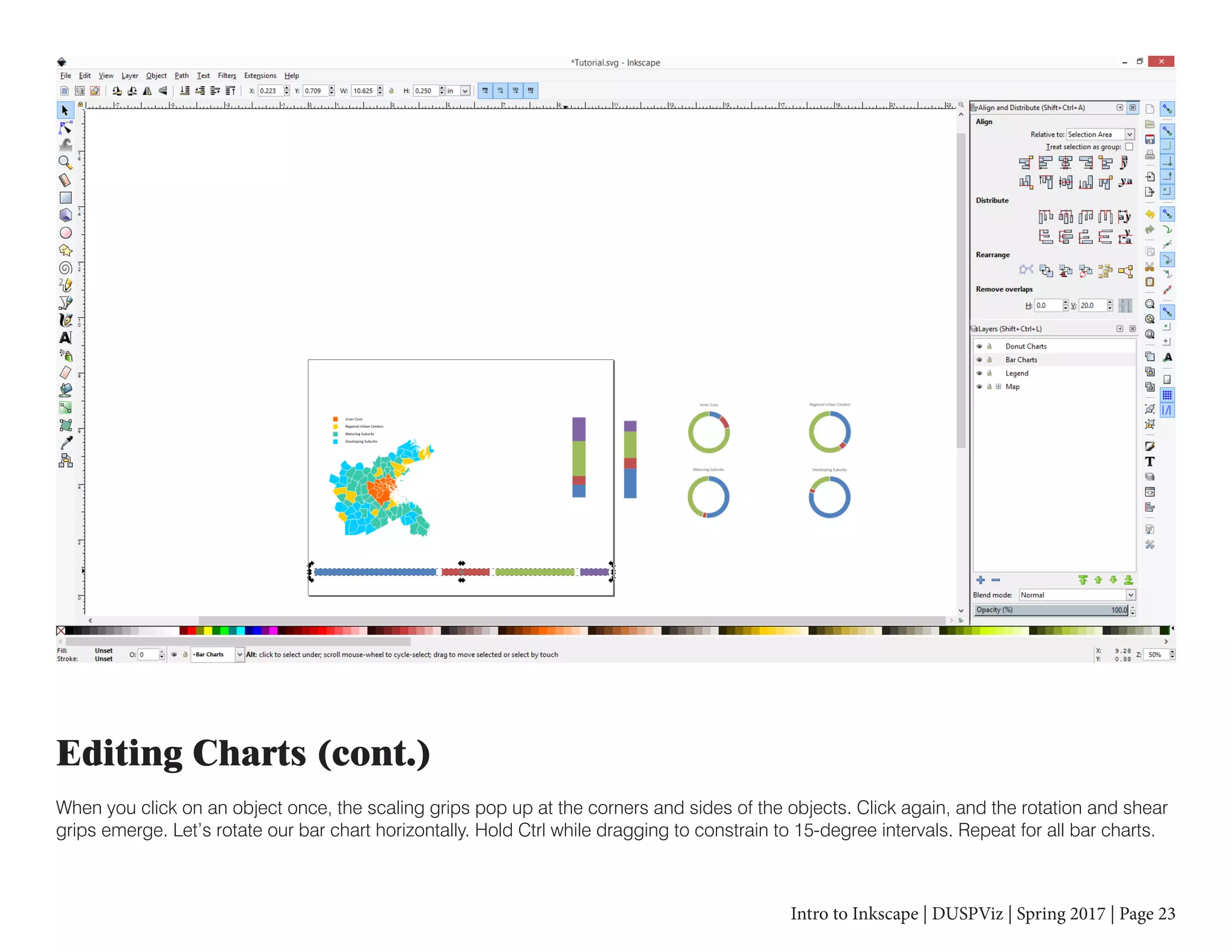 Intro to Inkscape | DUSPViz | Spring 2017 | Page 23
Editing Charts (cont.)
When you click on an object once, the scaling grips pop up at the corners and sides of the objects. Click again, and the rotation and shear
grips emerge. Let’s rotate our bar chart horizontally. Hold Ctrl while dragging to constrain to 15-degree intervals. Repeat for all bar charts.
 