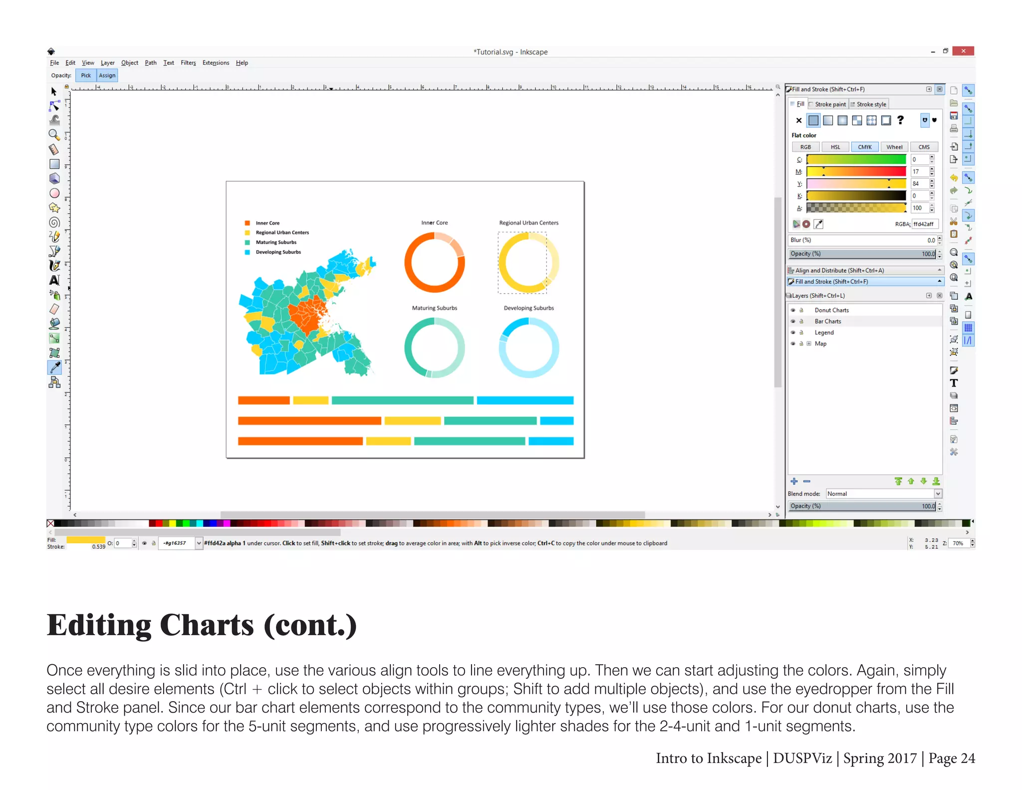 Intro to Inkscape | DUSPViz | Spring 2017 | Page 24
Editing Charts (cont.)
Once everything is slid into place, use the various align tools to line everything up. Then we can start adjusting the colors. Again, simply
select all desire elements (Ctrl + click to select objects within groups; Shift to add multiple objects), and use the eyedropper from the Fill
and Stroke panel. Since our bar chart elements correspond to the community types, we’ll use those colors. For our donut charts, use the
community type colors for the 5-unit segments, and use progressively lighter shades for the 2-4-unit and 1-unit segments.
 