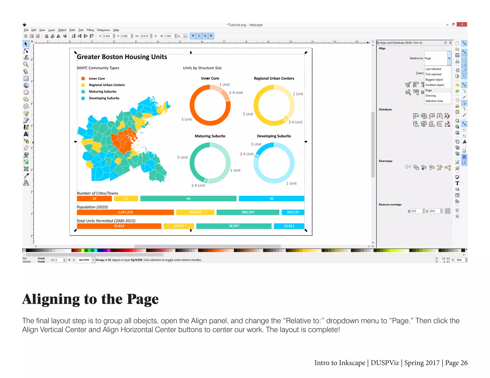 Intro to Inkscape | DUSPViz | Spring 2017 | Page 26
Aligning to the Page
The final layout step is to group all obejcts, open the Align panel, and change the “Relative to:” dropdown menu to “Page.” Then click the
Align Vertical Center and Align Horizontal Center buttons to center our work. The layout is complete!
 