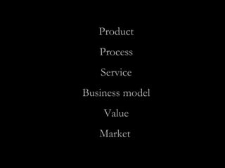 Product
Process
Service
Business model
Value
Market
 