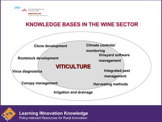 Clone development Rootstock development Virus diagnostics Canopy management Irrigation and drainage Climate controls/ monitoring Vineyard software  management Integrated pest  management Harvesting methods VITICULTURE KNOWLEDGE BASES IN THE WINE SECTOR Learning INnovation Knowledge Policy-relevant Resources for Rural Innovation 