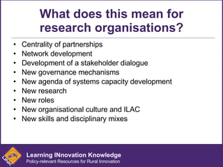 What does this mean for research organisations? Centrality of partnerships Network development Development of a stakeholder dialogue New governance mechanisms New agenda of systems capacity development New research  New roles  New organisational culture and ILAC New skills and disciplinary mixes Learning INnovation Knowledge Policy-relevant Resources for Rural Innovation 