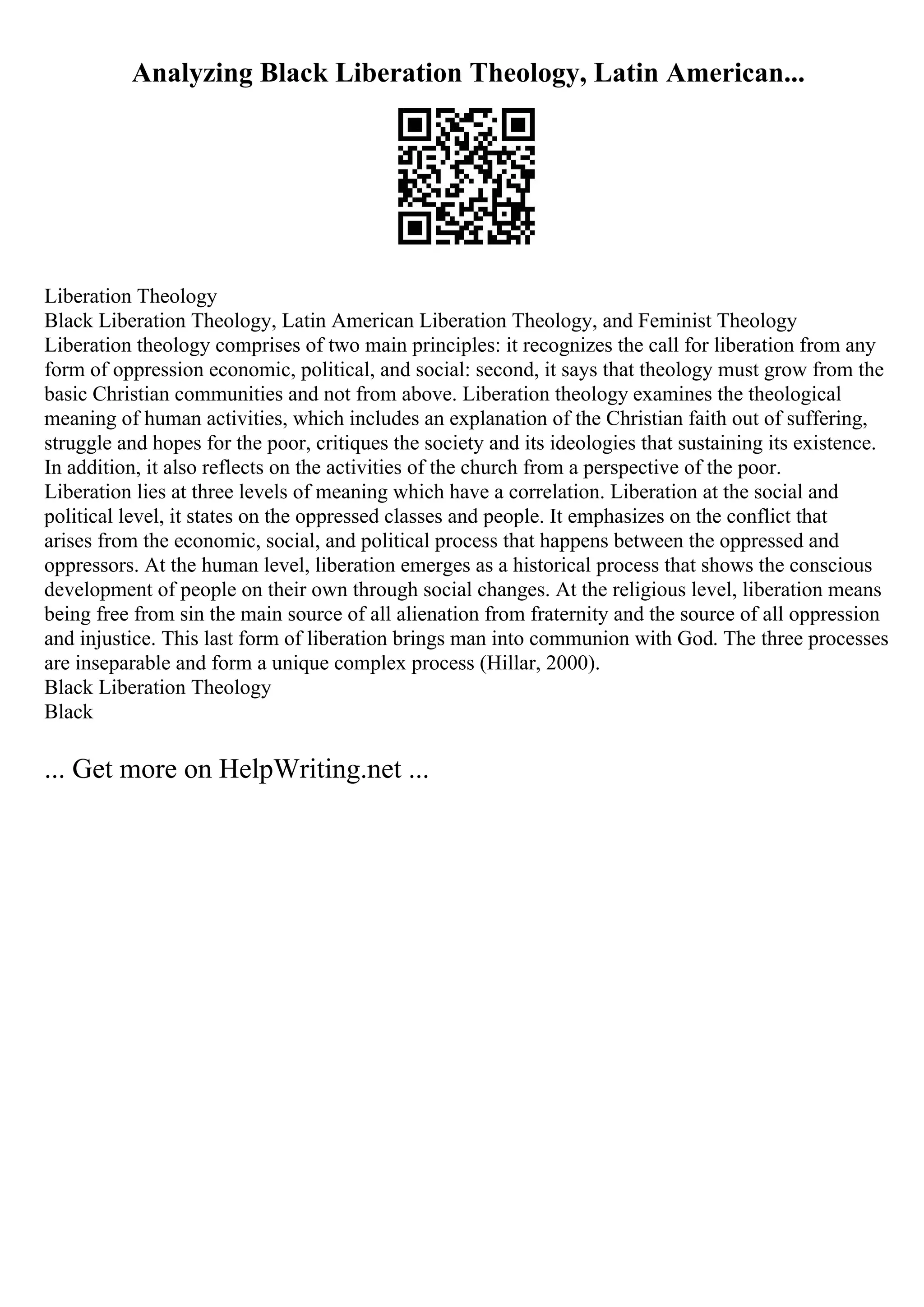 Analyzing Black Liberation Theology, Latin American...
Liberation Theology
Black Liberation Theology, Latin American Liberation Theology, and Feminist Theology
Liberation theology comprises of two main principles: it recognizes the call for liberation from any
form of oppression economic, political, and social: second, it says that theology must grow from the
basic Christian communities and not from above. Liberation theology examines the theological
meaning of human activities, which includes an explanation of the Christian faith out of suffering,
struggle and hopes for the poor, critiques the society and its ideologies that sustaining its existence.
In addition, it also reflects on the activities of the church from a perspective of the poor.
Liberation lies at three levels of meaning which have a correlation. Liberation at the social and
political level, it states on the oppressed classes and people. It emphasizes on the conflict that
arises from the economic, social, and political process that happens between the oppressed and
oppressors. At the human level, liberation emerges as a historical process that shows the conscious
development of people on their own through social changes. At the religious level, liberation means
being free from sin the main source of all alienation from fraternity and the source of all oppression
and injustice. This last form of liberation brings man into communion with God. The three processes
are inseparable and form a unique complex process (Hillar, 2000).
Black Liberation Theology
Black
... Get more on HelpWriting.net ...
 