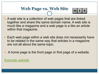 Web Page vs. Web SiteA web site is a collection of web pages that are linked together and share the same domain name. A web site is much like a magazine and a web page is a like an article within that magazine.Each web page within a web site does not necessarily have to be related in the same way that articles in a magazine are not all about the same topic. A home page is the front page or first page of a website.Example website