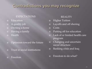 EXPECTATIONS REALITY
 Education
 A quality job
 Owning a home
 Having a family
 Health
 Optimism toward the future
 Trust in social institutions
 Freedom
 Higher Tuition
 Layoffs and off shoring
 Costs
 Putting off for education
 Lack of or limited health care
program
 Changing and uncertain
social structure
 Banking crisis and Iraq
 Freedom to do what?
21
 
