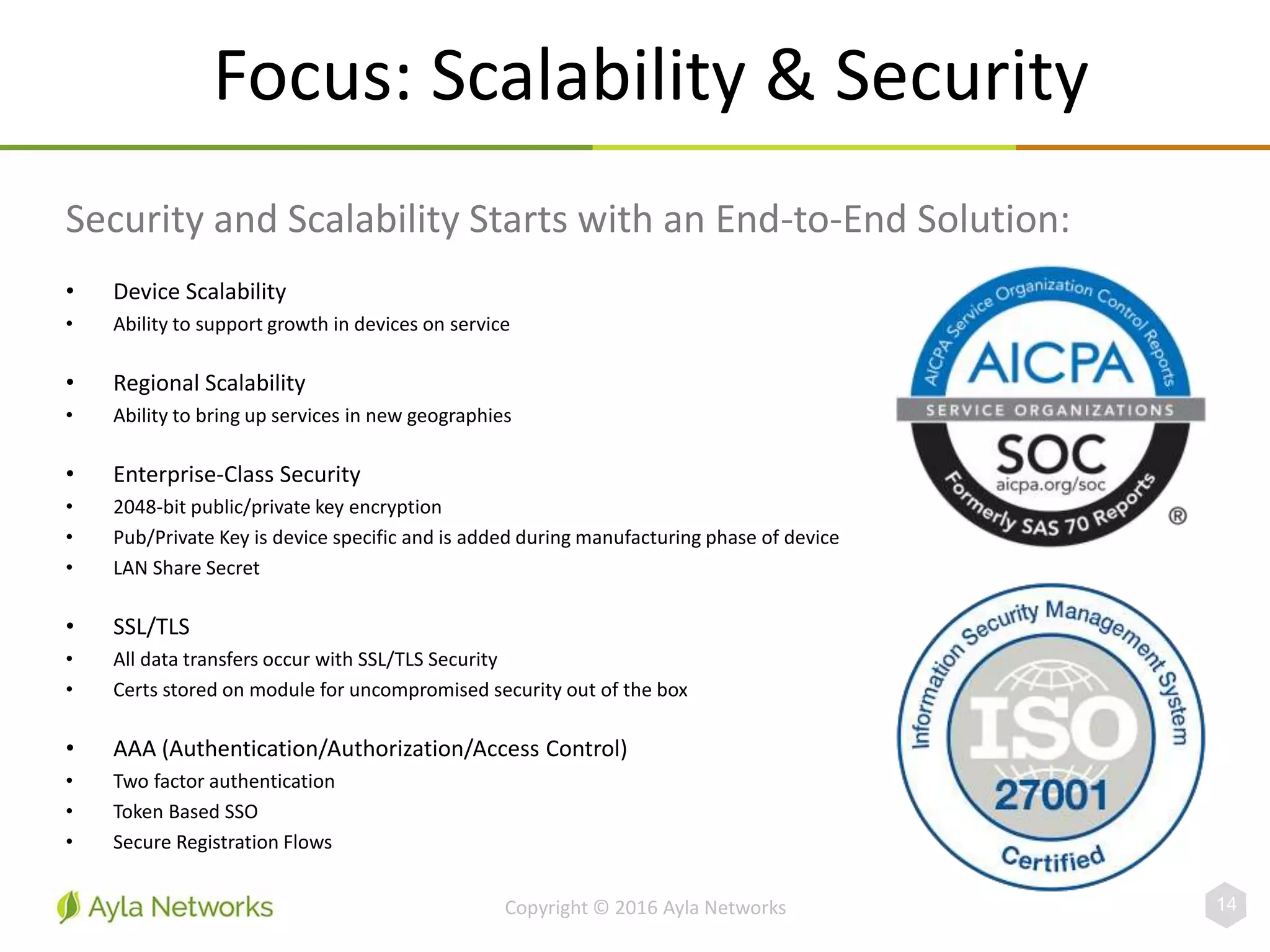 • Device Scalability
• Ability to support growth in devices on service
• Regional Scalability
• Ability to bring up services in new geographies
• Enterprise-Class Security
• 2048-bit public/private key encryption
• Pub/Private Key is device specific and is added during manufacturing phase of device
• LAN Share Secret
• SSL/TLS
• All data transfers occur with SSL/TLS Security
• Certs stored on module for uncompromised security out of the box
• AAA (Authentication/Authorization/Access Control)
• Two factor authentication
• Token Based SSO
• Secure Registration Flows
Focus: Scalability & Security
Copyright © 2016 Ayla Networks
Security and Scalability Starts with an End-to-End Solution:
14
 