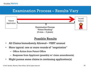 15© 2016 Knobbe, Martens, Olson & Bear, LLP all rights reserved.
Examination Process – Results Vary
Possible Results
• All Claims Immediately Allowed – VERY unusual
• More typical: one or more rounds of “negotiation”
– Office Action from Patent Office
– Response from Applicant (possibly w/ claim amendments)
• Might pursue some claims in continuing application(s)
Patent
Application
Issued
Patent
Examination Process
“Patent Pending”
(3 mos. – 3 years)
 
