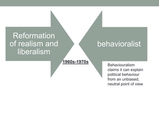 Reformation
of realism and
liberalism
behavioralist
1960s-1970s
Behaviouralism
claims it can explain
political behaviour
from an unbiased,
neutral point of view
 