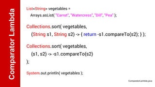 List<String> vegetables =
Arrays.asList( "Carrot", "Watercress", "Dill", "Pea" );
Collections.sort( vegetables,
(String s1...