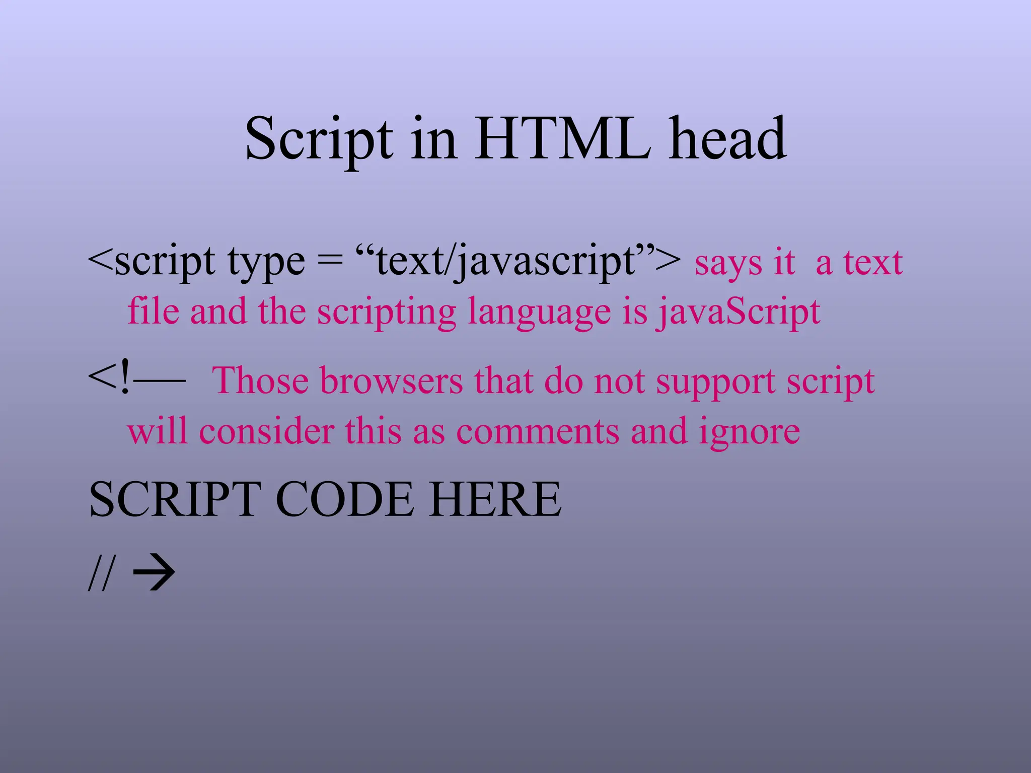 Script in HTML head
<script type = “text/javascript”> says it a text
file and the scripting language is javaScript
<!— Those browsers that do not support script
will consider this as comments and ignore
SCRIPT CODE HERE
// 
 
