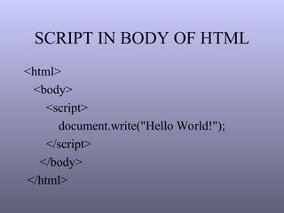 SCRIPT IN BODY OF HTML
<html>
<body>
<script>
document.write("Hello World!");
</script>
</body>
</html>
 