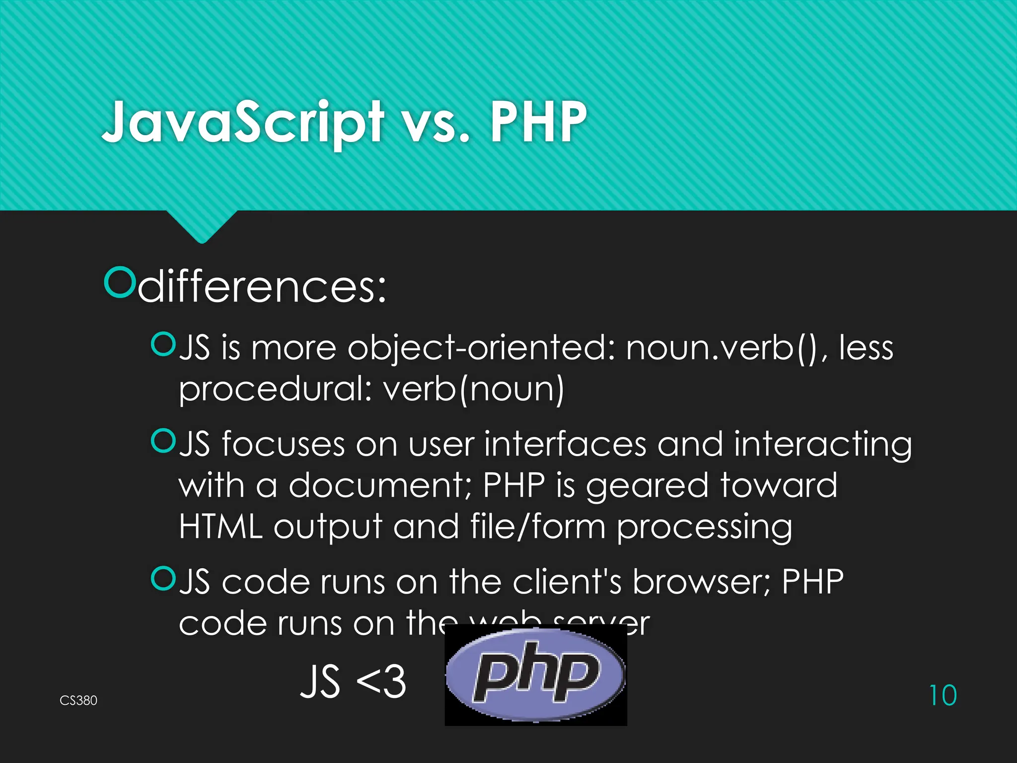 CS380 10
JavaScript vs. PHP
differences:
JS is more object-oriented: noun.verb(), less
procedural: verb(noun)
JS focuses on user interfaces and interacting
with a document; PHP is geared toward
HTML output and file/form processing
JS code runs on the client's browser; PHP
code runs on the web server
JS <3
 