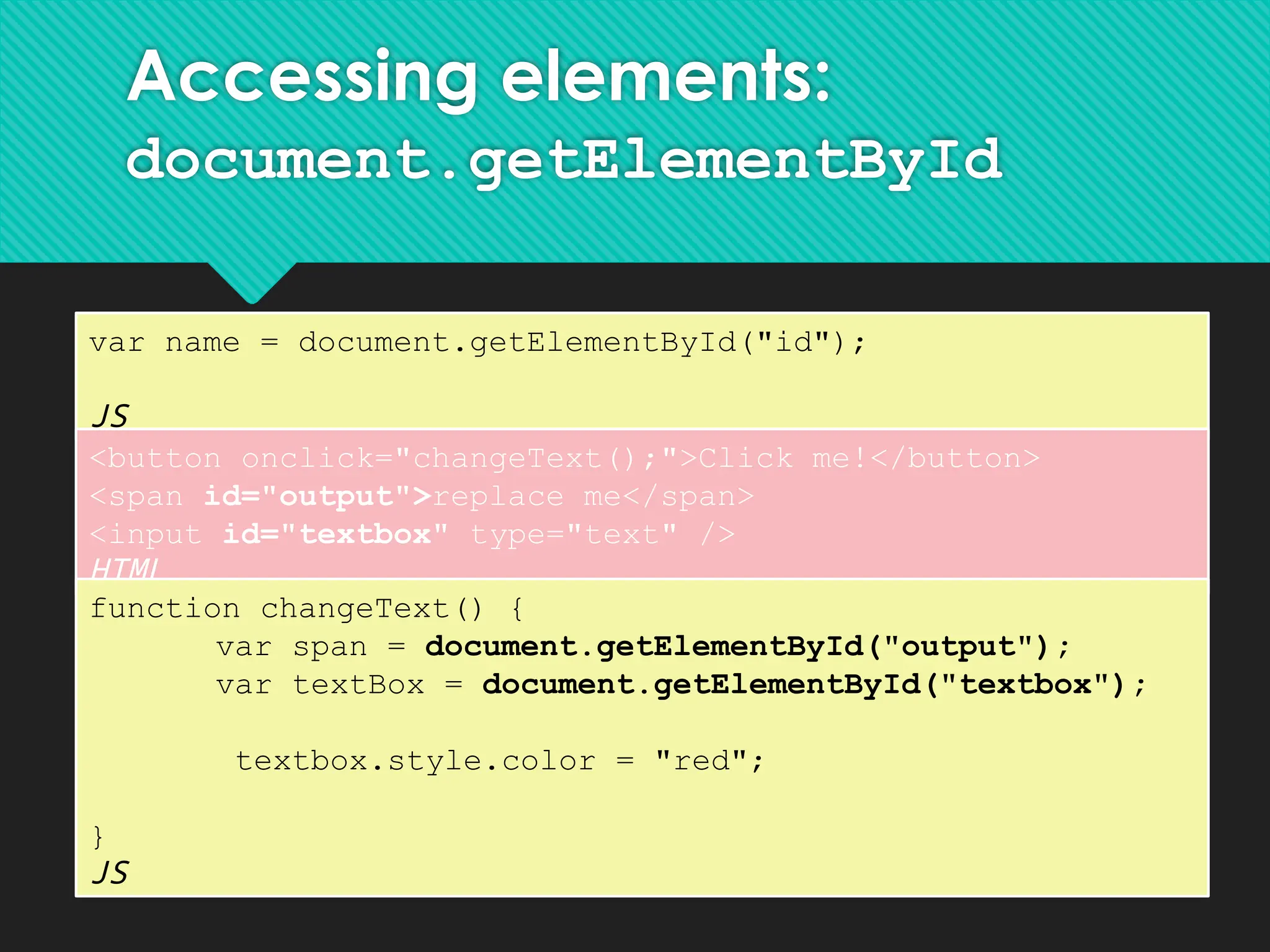 CS380 20
Accessing elements:
document.getElementById
var name = document.getElementById("id");
JS
<button onclick="changeText();">Click me!</button>
<span id="output">replace me</span>
<input id="textbox" type="text" />
HTML
function changeText() {
var span = document.getElementById("output");
var textBox = document.getElementById("textbox");
textbox.style.color = "red";
}
JS
 