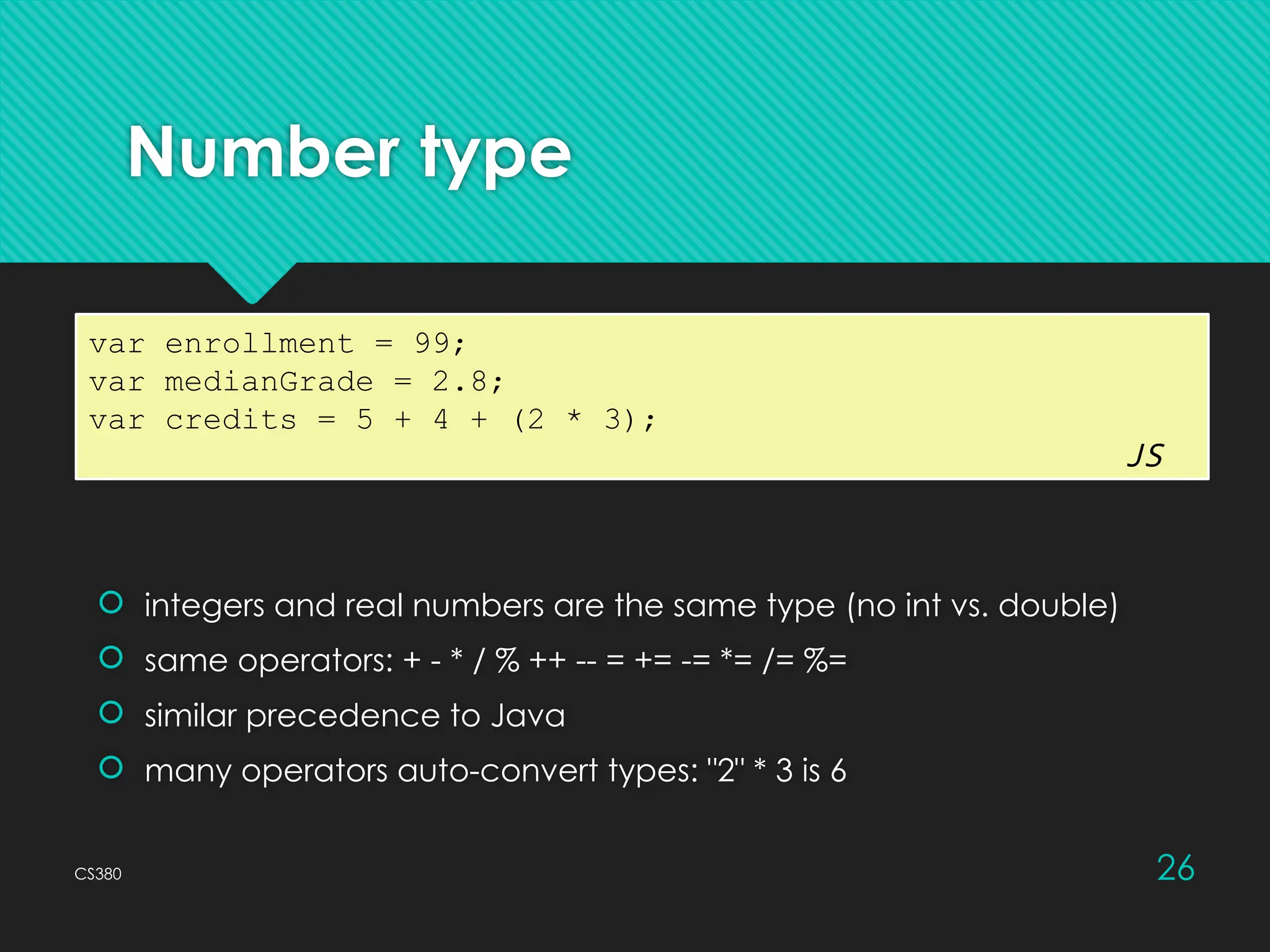 CS380 26
Number type
 integers and real numbers are the same type (no int vs. double)
 same operators: + - * / % ++ -- = += -= *= /= %=
 similar precedence to Java
 many operators auto-convert types: "2" * 3 is 6
var enrollment = 99;
var medianGrade = 2.8;
var credits = 5 + 4 + (2 * 3);
JS
 