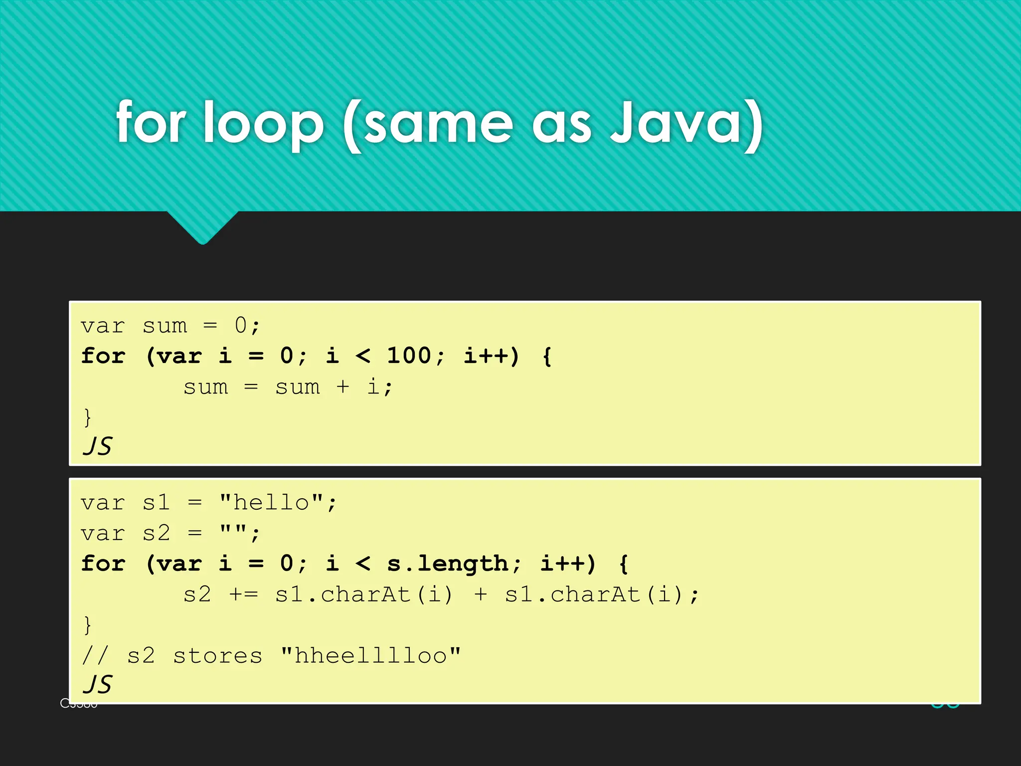 CS380 33
for loop (same as Java)
var sum = 0;
for (var i = 0; i < 100; i++) {
sum = sum + i;
}
JS
var s1 = "hello";
var s2 = "";
for (var i = 0; i < s.length; i++) {
s2 += s1.charAt(i) + s1.charAt(i);
}
// s2 stores "hheelllloo"
JS
 