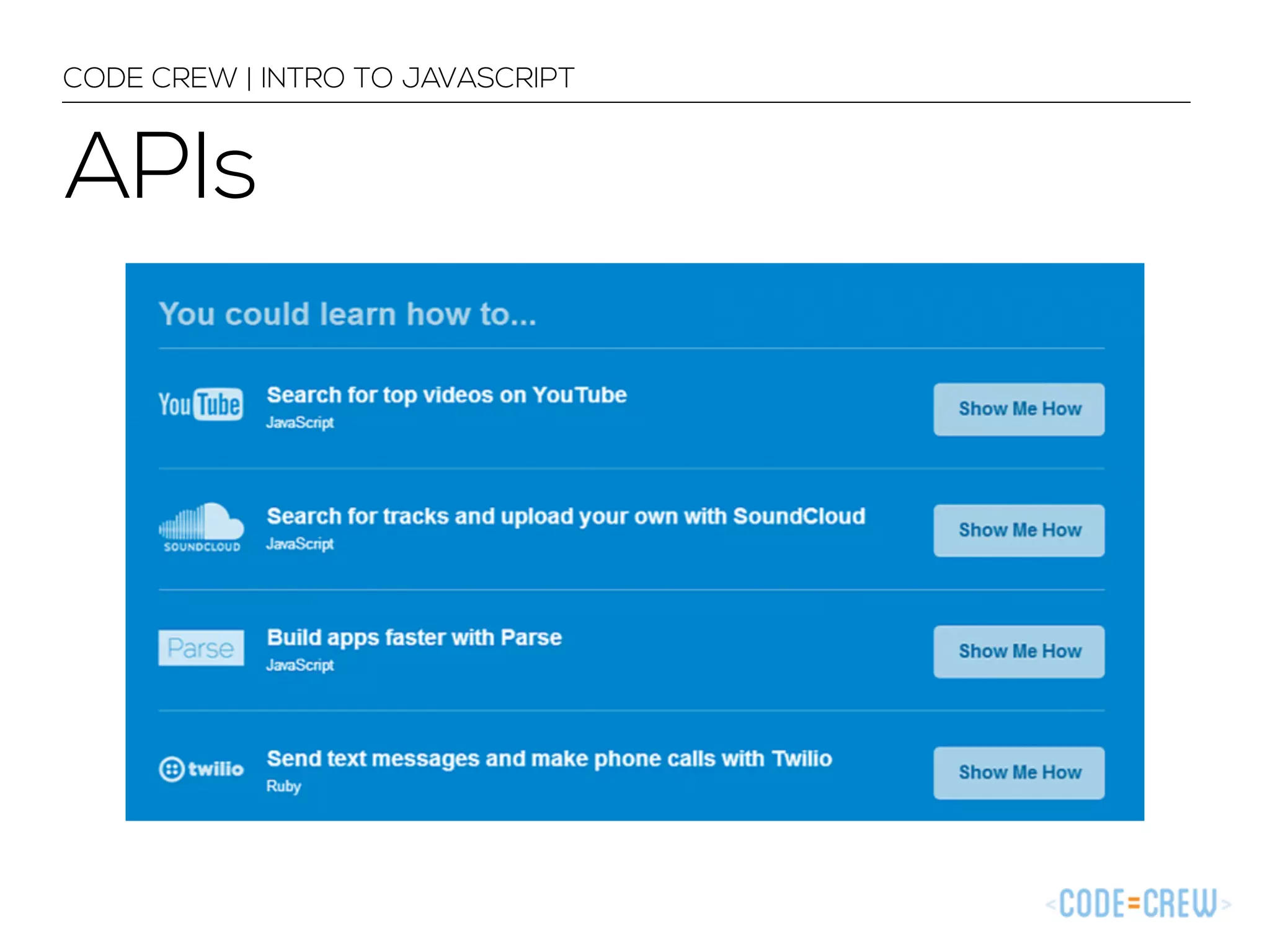 CODE CREW | INTRO TO JAVASCRIPT 
APIs 
 