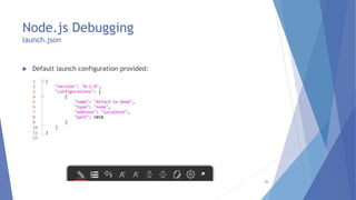 Node.js Debugging
launch.json
 Default launch configuration provided:
26
 