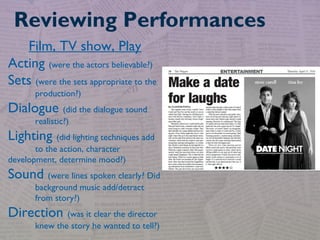 Reviewing Performances
Film, TV show, Play
Acting (were the actors believable?)
Sets (were the sets appropriate to the
production?)
Dialogue (did the dialogue sound
realistic?)
Lighting (did lighting techniques add
to the action, character
development, determine mood?)
Sound (were lines spoken clearly? Did
background music add/detract
from story?)
Direction (was it clear the director
knew the story he wanted to tell?)
 