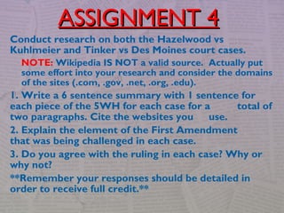 Conduct research on both the Hazelwood vs
Kuhlmeier and Tinker vs Des Moines court cases.
NOTE: Wikipedia IS NOT a valid source. Actually put
some effort into your research and consider the domains
of the sites (.com, .gov, .net, .org, .edu).
1. Write a 6 sentence summary with 1 sentence for
each piece of the 5WH for each case for a total of
two paragraphs. Cite the websites you use.
2. Explain the element of the First Amendment
that was being challenged in each case.
3. Do you agree with the ruling in each case? Why or
why not?
**Remember your responses should be detailed in
order to receive full credit.**
ASSIGNMENT 4ASSIGNMENT 4
 