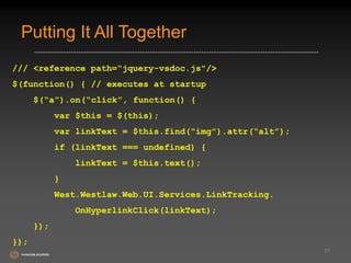 Putting It All Together 
/// <reference path=“jquery-vsdoc.js"/> 
$(function() { // executes at startup 
$(“a”).on(“click”, function() { 
var $this = $(this); 
var linkText = $this.find(“img”).attr(“alt”); 
if (linkText === undefined) { 
linkText = $this.text(); 
} 
West.Westlaw.Web.UI.Services.LinkTracking. 
OnHyperlinkClick(linkText); 
}); 
}); 
57 
 