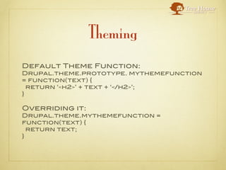 Theming
Default Theme Function:
Drupal.theme.prototype. mythemefunction
= function(text) {
  return ‘<h2>’ + text + ‘</h2>...