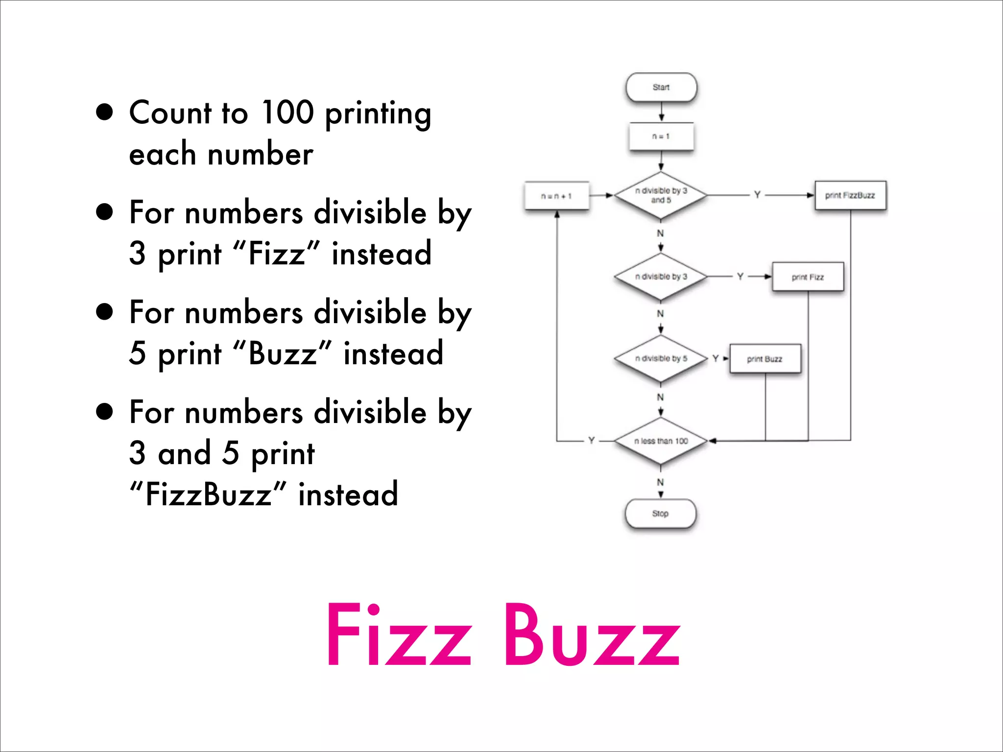 Fizz Buzz
•Count to 100 printing
each number
•For numbers divisible by
3 print “Fizz” instead
•For numbers divisible by
5 print “Buzz” instead
•For numbers divisible by
3 and 5 print
“FizzBuzz” instead
 