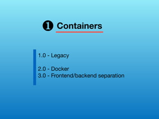 Containers
1.0 - Legacy
2.0 - Docker
3.0 - Frontend/backend separation
❶
 