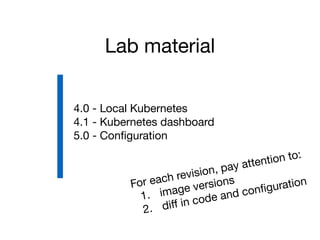 Lab material
4.0 - Local Kubernetes
4.1 - Kubernetes dashboard
5.0 - Conﬁguration
For each revision, pay attention to:
1. image versions
2. diﬀ in code and conﬁguration
 