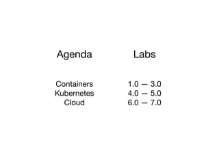 Containers
Kubernetes
Cloud
Agenda Labs
1.0 — 3.0
4.0 — 5.0
6.0 — 7.0
 