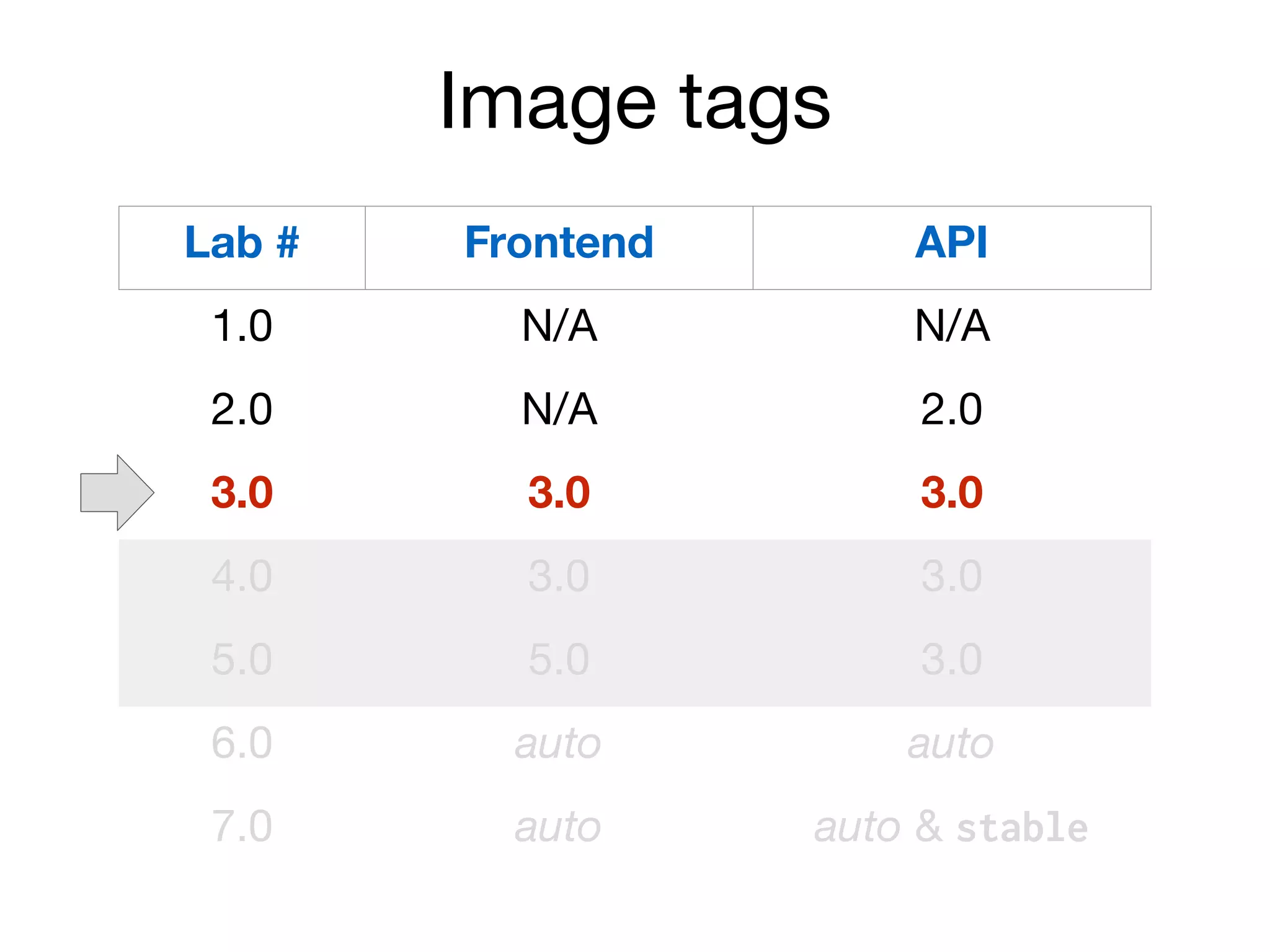 Image tags
Lab # Frontend API
1.0 N/A N/A
2.0 N/A 2.0
3.0 3.0 3.0
4.0 3.0 3.0
5.0 5.0 3.0
6.0 auto auto
7.0 auto auto & stable
 