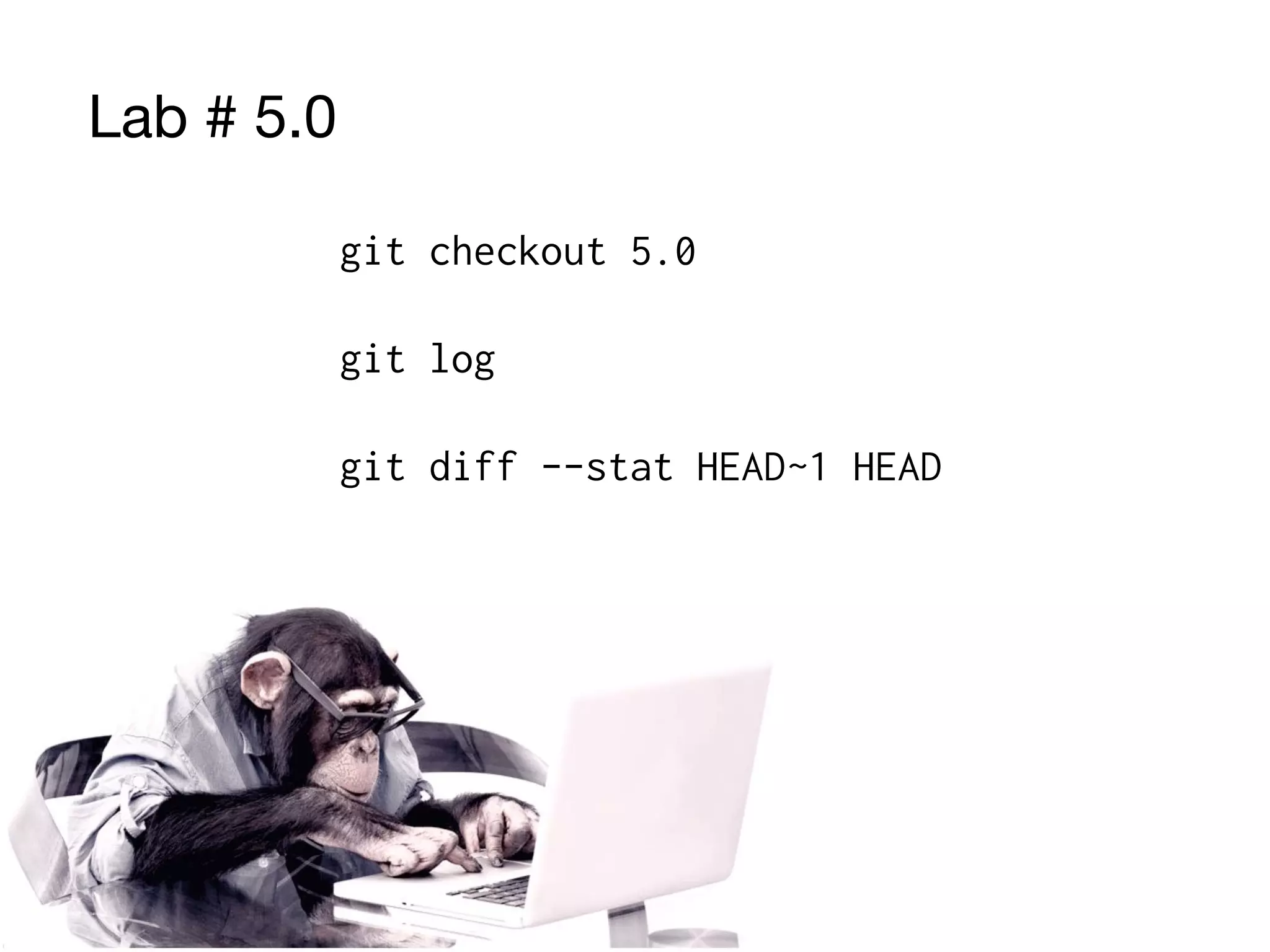 Lab # 5.0
git checkout 5.0
git log
git diff --stat HEAD~1 HEAD
 