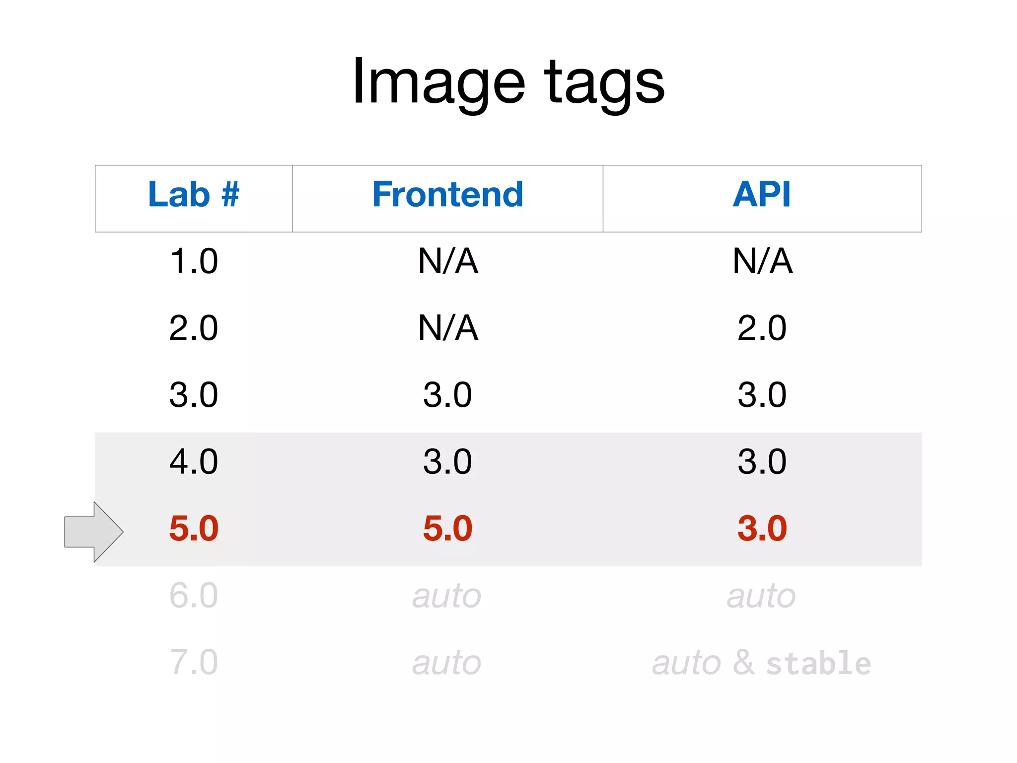 Image tags
Lab # Frontend API
1.0 N/A N/A
2.0 N/A 2.0
3.0 3.0 3.0
4.0 3.0 3.0
5.0 5.0 3.0
6.0 auto auto
7.0 auto auto & stable
 