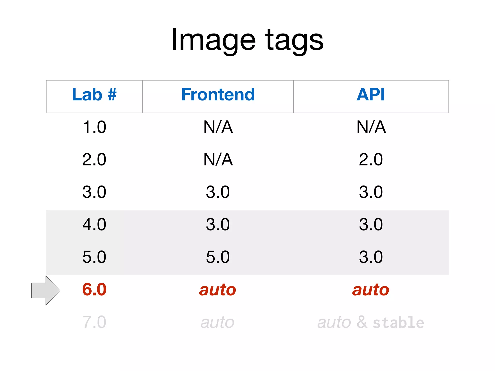 Image tags
Lab # Frontend API
1.0 N/A N/A
2.0 N/A 2.0
3.0 3.0 3.0
4.0 3.0 3.0
5.0 5.0 3.0
6.0 auto auto
7.0 auto auto & stable
 