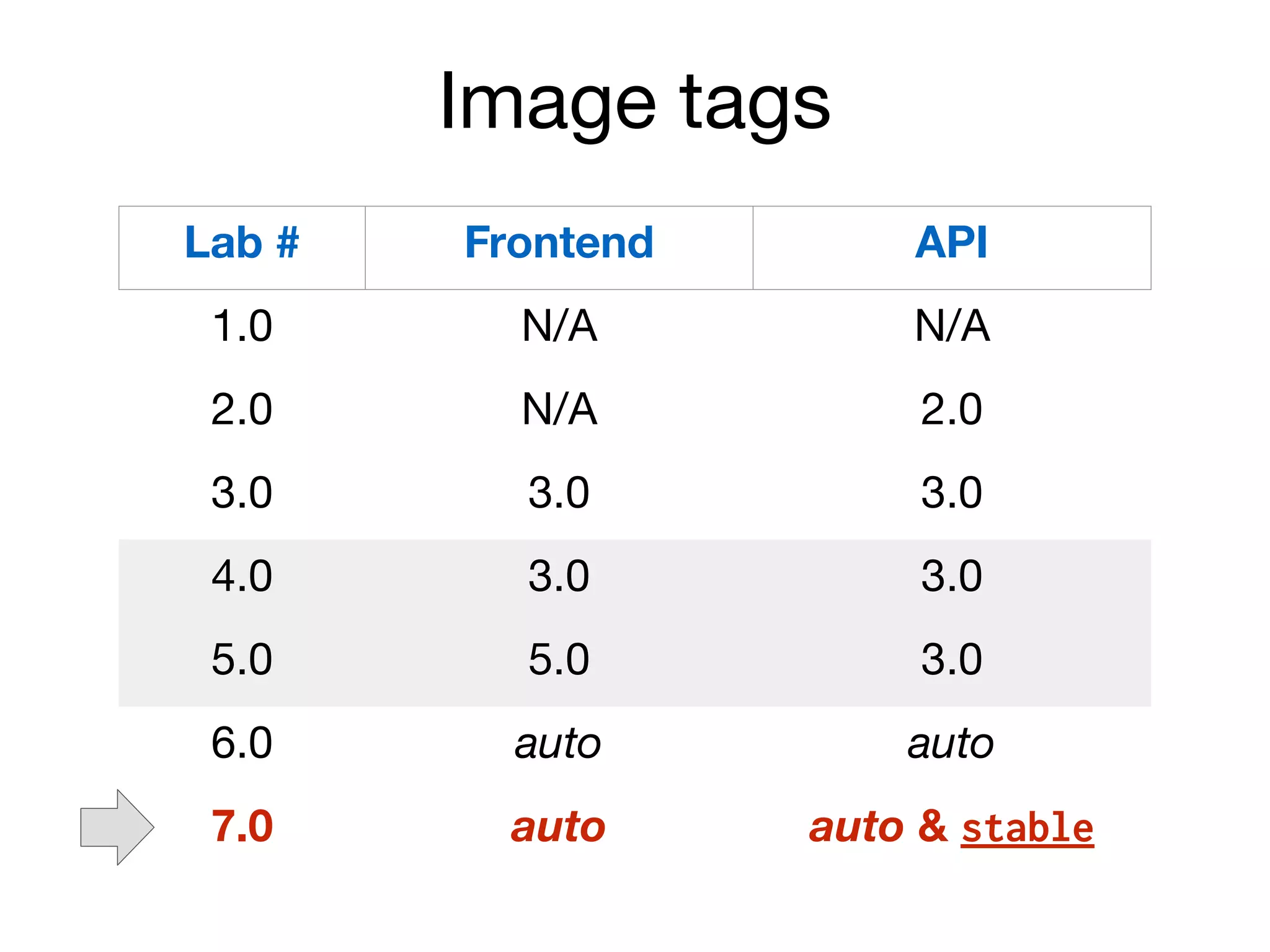 Image tags
Lab # Frontend API
1.0 N/A N/A
2.0 N/A 2.0
3.0 3.0 3.0
4.0 3.0 3.0
5.0 5.0 3.0
6.0 auto auto
7.0 auto auto & stable
 