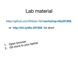 Lab material
https://github.com/William-Yeh/workshop-k8s201908
or http://bit.ly/k8s-201908 for short
1. Open browser
2. Git clone to your laptop
 