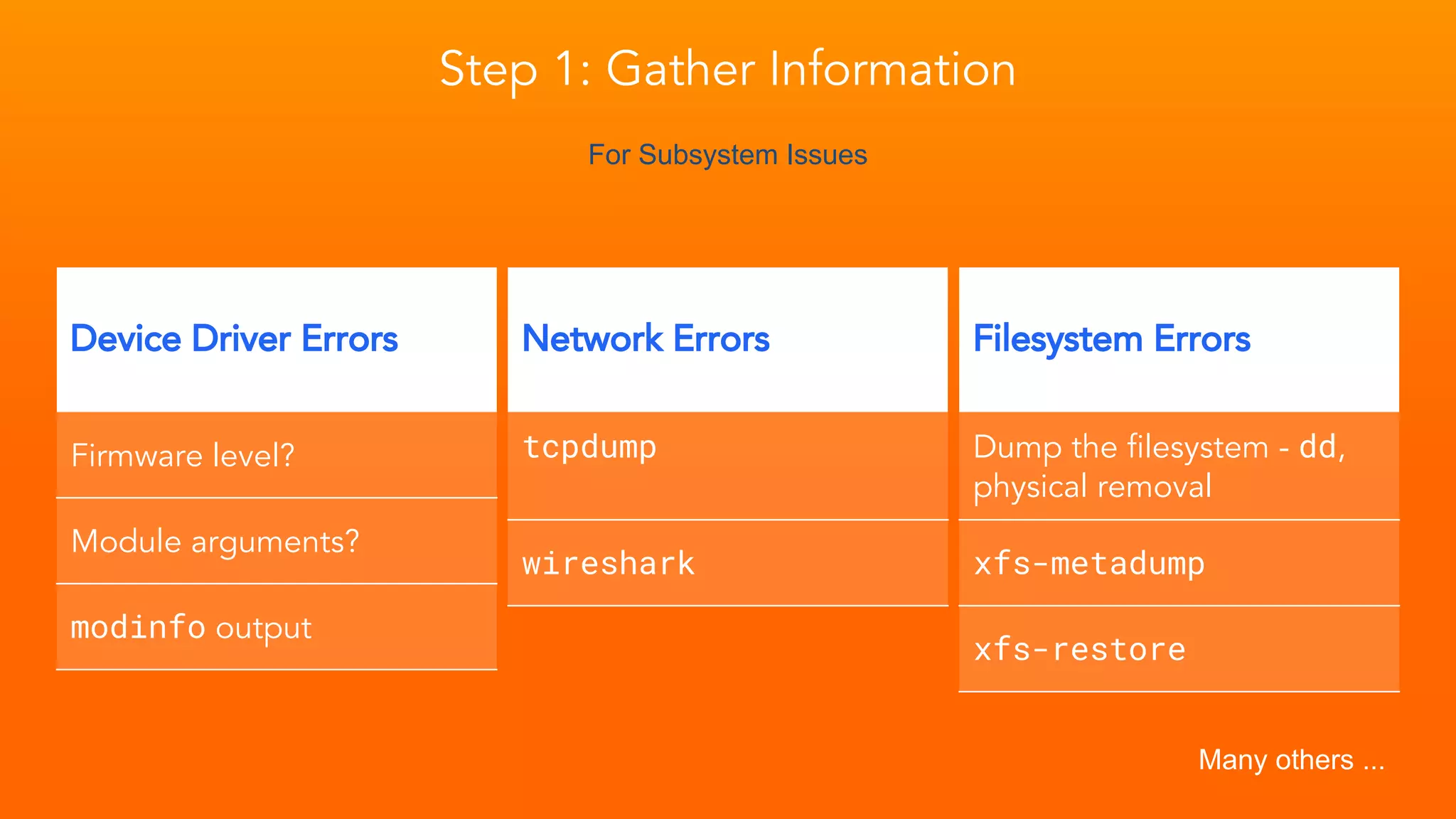 Filesystem Errors
Dump the filesystem - dd,
physical removal
xfs-metadump
xfs-restore
Network Errors
tcpdump
wireshark
Step 1: Gather Information
Device Driver Errors
Firmware level?
Module arguments?
modinfo output
For Subsystem Issues
Many others ...
 