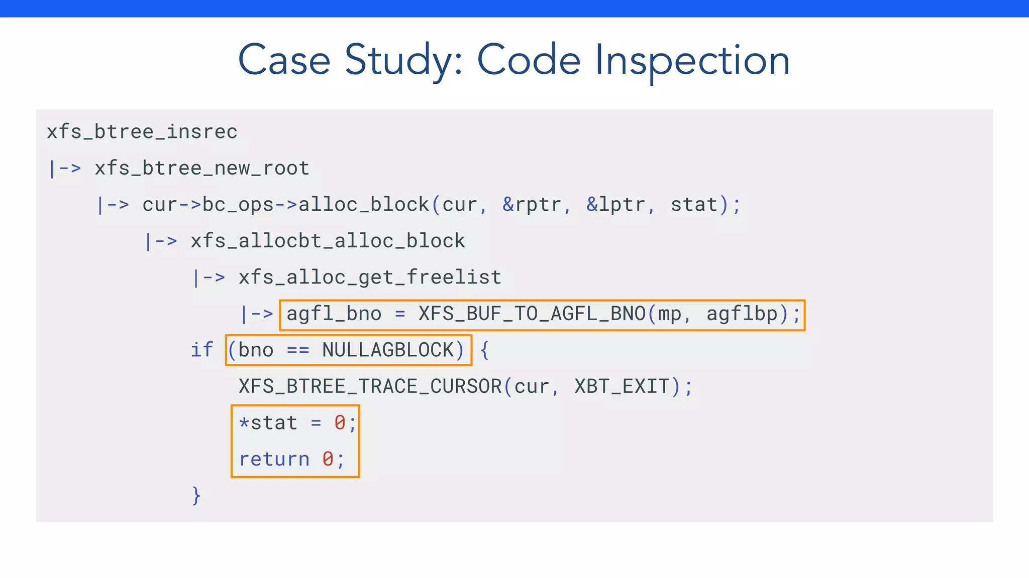 xfs_btree_insrec
|-> xfs_btree_new_root
|-> cur->bc_ops->alloc_block(cur, &rptr, &lptr, stat);
|-> xfs_allocbt_alloc_block
|-> xfs_alloc_get_freelist
|-> agfl_bno = XFS_BUF_TO_AGFL_BNO(mp, agflbp);
if (bno == NULLAGBLOCK) {
XFS_BTREE_TRACE_CURSOR(cur, XBT_EXIT);
*stat = 0;
return 0;
}
Case Study: Code Inspection
 