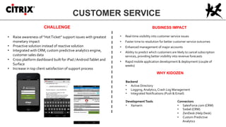 CUSTOMER SERVICE
CHALLENGE
•  Raise	
  awareness	
  of	
  “Hot	
  Ticket”	
  support	
  issues	
  with	
  greatest	
  
monetary	
  impact	
  
•  Proactive	
  solution	
  instead	
  of	
  reactive	
  solution	
  
•  Integrated	
  with	
  CRM,	
  custom	
  predictive	
  analytics	
  engine,	
  
customer	
  sales	
  data	
  
•  Cross	
  platform	
  dashboard	
  built	
  for	
  iPad	
  /	
  Android	
  Tablet	
  and	
  
Surface	
  
•  Increase	
  in	
  top	
  client	
  satisfaction	
  of	
  support	
  process	
  
BUSINESS IMPACT	
  
	
  
•  Real-­‐time	
  visibility	
  into	
  customer	
  service	
  issues	
  
•  Faster	
  time	
  to	
  resolution	
  for	
  better	
  customer	
  service	
  outcomes	
  
•  Enhanced	
  management	
  of	
  major	
  accounts	
  
•  Ability	
  to	
  predict	
  which	
  customers	
  are	
  likely	
  to	
  cancel	
  subscription	
  
services,	
  providing	
  better	
  visibility	
  into	
  revenue	
  forecasts	
  
•  Rapid	
  mobile	
  application	
  development	
  &	
  deployment	
  (couple	
  of	
  
weeks)	
  
WHY KIDOZEN
	
  
Backend	
  
•  Active	
  Directory	
  
•  Logging,	
  Analytics,	
  Crash	
  Log	
  Management	
  
•  Integrated	
  Notiﬁcations	
  (Push	
  &	
  Email)	
  
	
  
Development	
  Tools	
  
•  Xamarin	
  
	
  
	
  
Connectors	
  
•  SalesForce.com	
  (CRM)	
  
•  Siebel	
  (CRM)	
  
•  ZenDesk	
  (Help	
  Desk)	
  
•  Custom	
  Predictive	
  
Analytics	
  
 