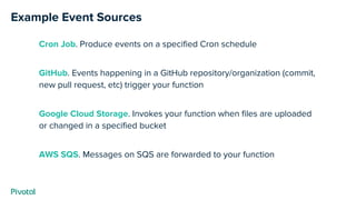 Example Event Sources
Cron Job. Produce events on a specified Cron schedule
GitHub. Events happening in a GitHub repository/organization (commit,
new pull request, etc) trigger your function
Google Cloud Storage. Invokes your function when files are uploaded
or changed in a specified bucket
AWS SQS. Messages on SQS are forwarded to your function
 