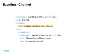 Eventing - Channel
apiVersion: eventing.knative.dev/v1alpha1
kind: Channel
metadata:
name: knative-eventing-demo-channel
spec:
provisioner:
apiVersion: eventing.knative.dev/v1alpha1
kind: ClusterChannelProvisioner
name: in-memory-channel
 