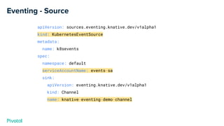 Eventing - Source
apiVersion: sources.eventing.knative.dev/v1alpha1
kind: KubernetesEventSource
metadata:
name: k8sevents
spec:
namespace: default
serviceAccountName: events-sa
sink:
apiVersion: eventing.knative.dev/v1alpha1
kind: Channel
name: knative-eventing-demo-channel
 