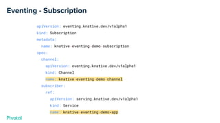 Eventing - Subscription
apiVersion: eventing.knative.dev/v1alpha1
kind: Subscription
metadata:
name: knative-eventing-demo-subscription
spec:
channel:
apiVersion: eventing.knative.dev/v1alpha1
kind: Channel
name: knative-eventing-demo-channel
subscriber:
ref:
apiVersion: serving.knative.dev/v1alpha1
kind: Service
name: knative-eventing-demo-app
 