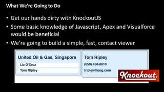 What We’re Going to Do 
• Get our hands dirty with KnockoutJS 
• Some basic knowledge of Javascript, Apex and Visualforce 
would be beneficial 
• We’re going to build a simple, fast, contact viewer 
 