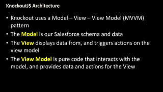 KnockoutJS Architecture 
• Knockout uses a Model – View – View Model (MVVM) 
pattern 
• The Model is our Salesforce schema and data 
• The View displays data from, and triggers actions on the 
view model 
• The View Model is pure code that interacts with the 
model, and provides data and actions for the View 
 