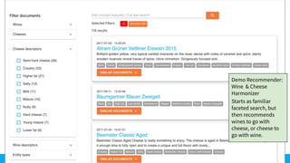 © Semantic Web Company 2023
Knowledge Graph Applications
48
Demo Recommender:
Wine & Cheese
Harmonizer
Starts as familiar
faceted search, but
then recommends
wines to go with
cheese, or cheese to
go with wine.
 