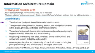© Semantic Web Company 2023
Information Architecture Domain
IA Definitions
1. The structural design of shared information environments.
2. The synthesis of organization, labeling, search, and navigation systems
within digital, physical, and cross-channel ecosystems.
3. The art and science of shaping information products and experiences to
support usability, findability, and understanding.
4. Organizing and labeling web sites, intranets, online communities, and
software to support findability and usability.
5. An emerging discipline and community of practice focused on bringing
principles of design and architecture to the digital landscape.
5
-- Louis Rosenfeld, Peter Morville, and Jorge Arango, Information Architecture, 4th ed. , O’Reilly, 2015, p. 24
Evolving the Practice of IA
As we consider change and resilience, we’d like to consider:
What can adjacent and complementary fields… teach IAs? And what can we learn from our sibling domains …
 