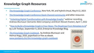 © Semantic Web Company 2023
Knowledge Graph Resources
▸ The Knowledge Graph Conference, New York, NY, and hybrid virtual, May 8-12, 2023
▸ The Knowledge Graph Conference Slack Channel community and other resources
▸ “Unlocking Digital Transformation with Knowledge Graphs,” webinar recording,
Andreas Blumauer (Semantic Web Company) and Bram Wessel (Factor), April 7, 2022
▸ “How to Build a Knowledge Graph in Four Steps: The Roadmap From Metadata to AI”
by Lulit Tesfaye, September 9, 2019, Enterprise Knowledge Blog.
▸ The Knowledge Graph Cookbook, by Andreas Blumauer and
Helmut Nagy, 2020, paperback or free as ebook.
www.poolparty.biz/the-knowledge-graph-cookbook
51
 